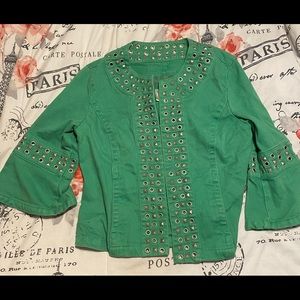 Women’s Vintage live a little green rhinestone jean jacket Sz small